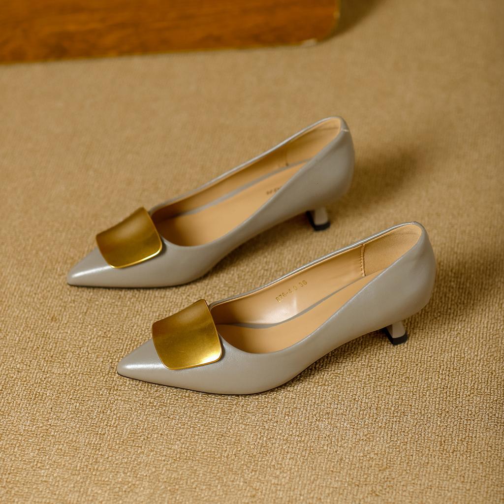 stiletto high heels 2026 spring French metal buckle pointed middle heel not tired feet soft leather shallow mouth single shoes