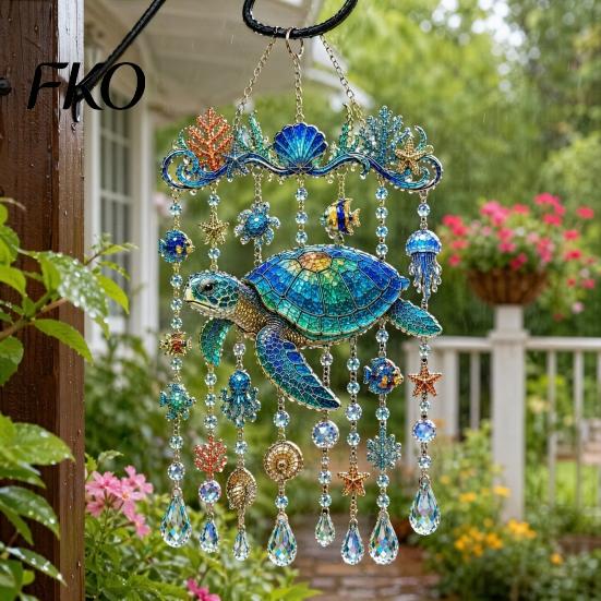 Tiffany-Glas-Stil Ornament Meeresbewohner Acryl-Fensteraufhänger, Buntglas Meeresschildkröte Wal Delfin Sonnenfänger Dekoration mit Kristallperlen &