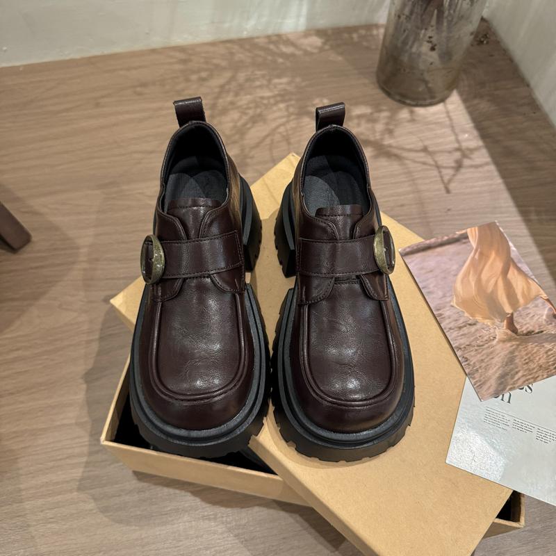 Fashion Square Heel Loafers Autumn New Round Toe Deep Mouth Metal Buckle Platform Non-slip Single Shoes