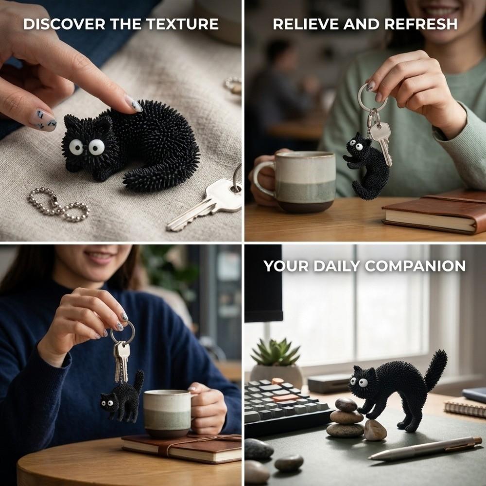 3D Printed Spiky Cat Keychain Stereo Tactile Fidget Grip Toy Black Cat Keychain Cat Lovers