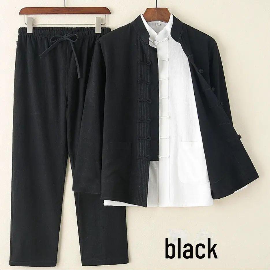 Spring/Summer Vintage Chinese Tang Suit: Classic Button-Down Cotton Linen Two-Piece with Stand Collar for Middle-Aged Men