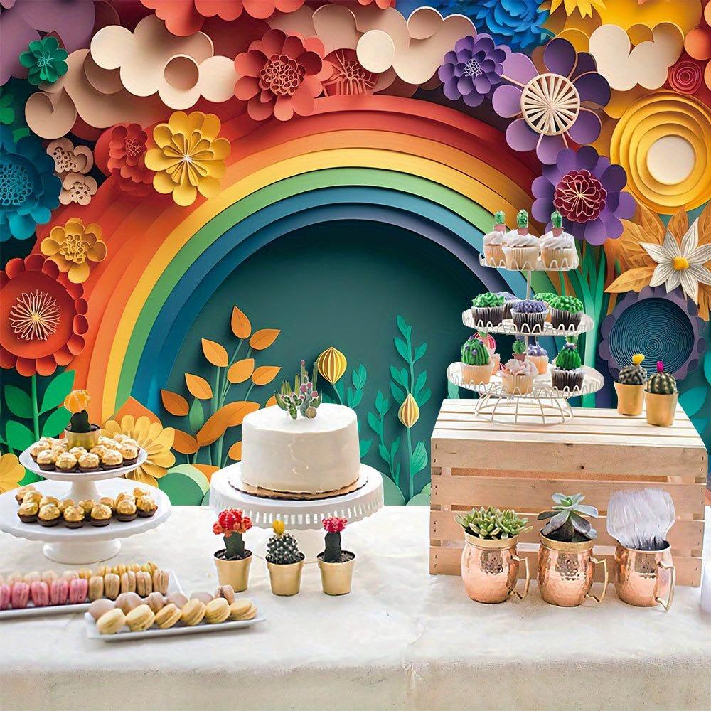 Rainbow 3D Floral Photography Background, Home Interior Wall Decoration Banner, Cake Smashing Birthday Party Supplies