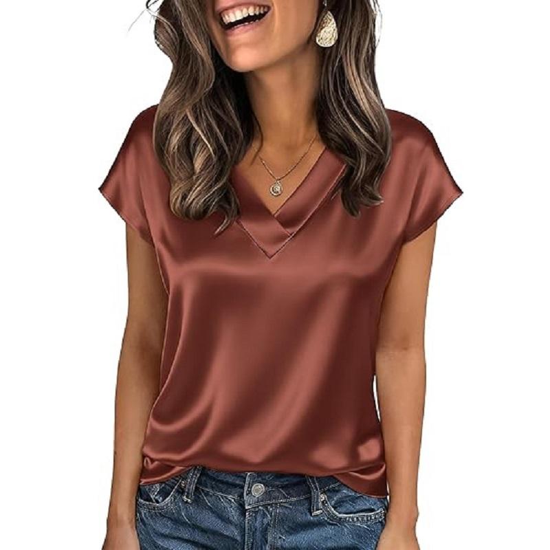 Women Summer T-shirts V-neck Short Sleeve Satin Tee Tops Ladies Casual Top Shirt