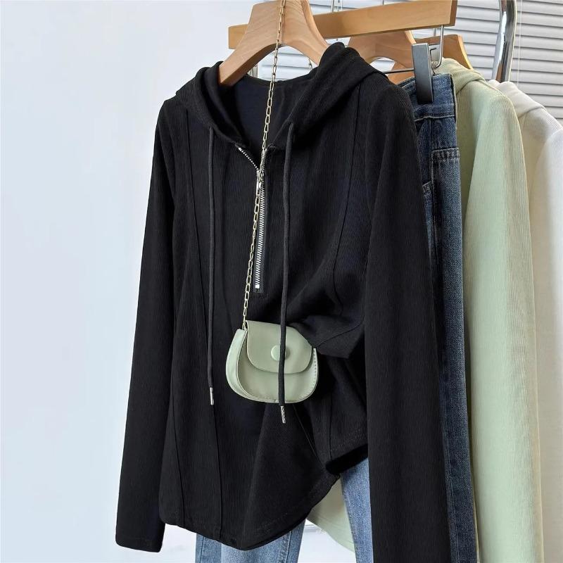 Spring Autumn Solid Ribbed Hooded Top Women Half Zip Drawstring Slim Fit Casual Long Sleeve Hoodie