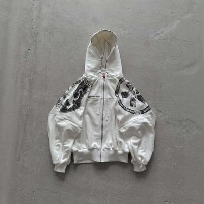 Nadměrná mikina s kapucí na zip Bílá s poškozeným potiskem Streetwear Unisex Volný střih Podzimní Ležérní Pulovr