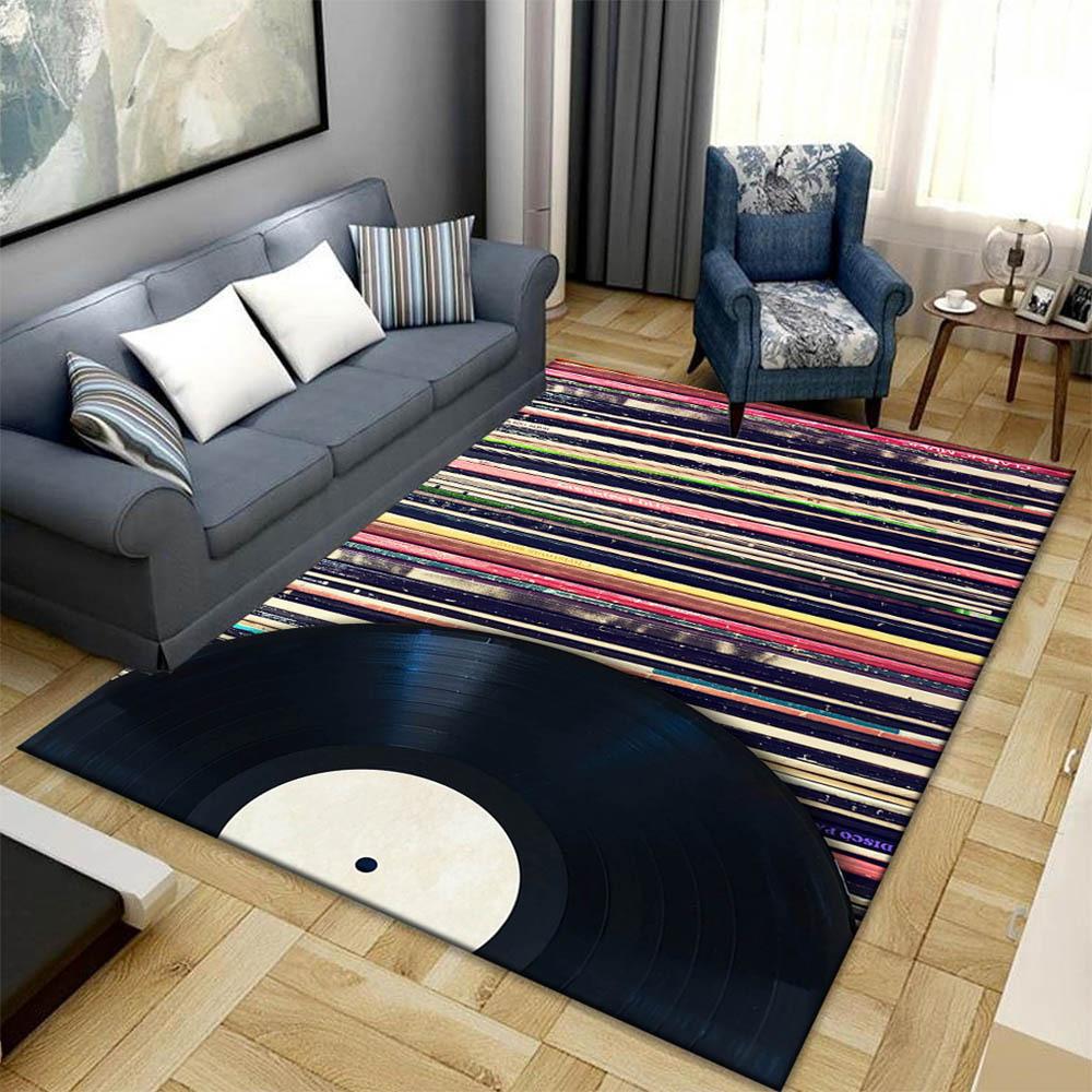 [Durable Polyester Rug] Large Polyester Non-Slip Area Rug with Vinyl Record Design | Durable Crystal Velvet Carpet Mat for Livin