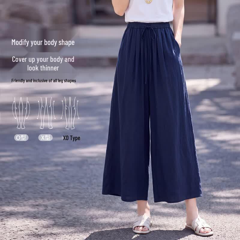 Women s Relaxed High-Waist Linen Blend Cropped Wide-Leg Culottes M