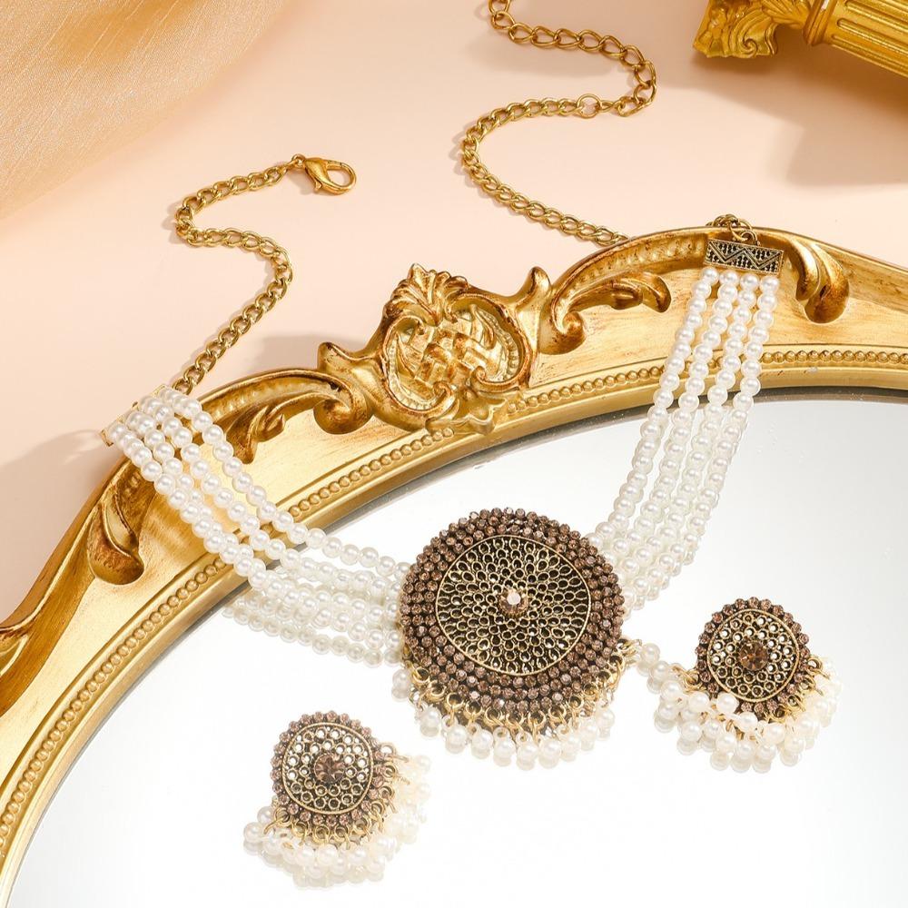 Luxury Rhinestone Necklace Earrings Imitation Pearl Choker Necklace Set Retro Jewelry Set Party