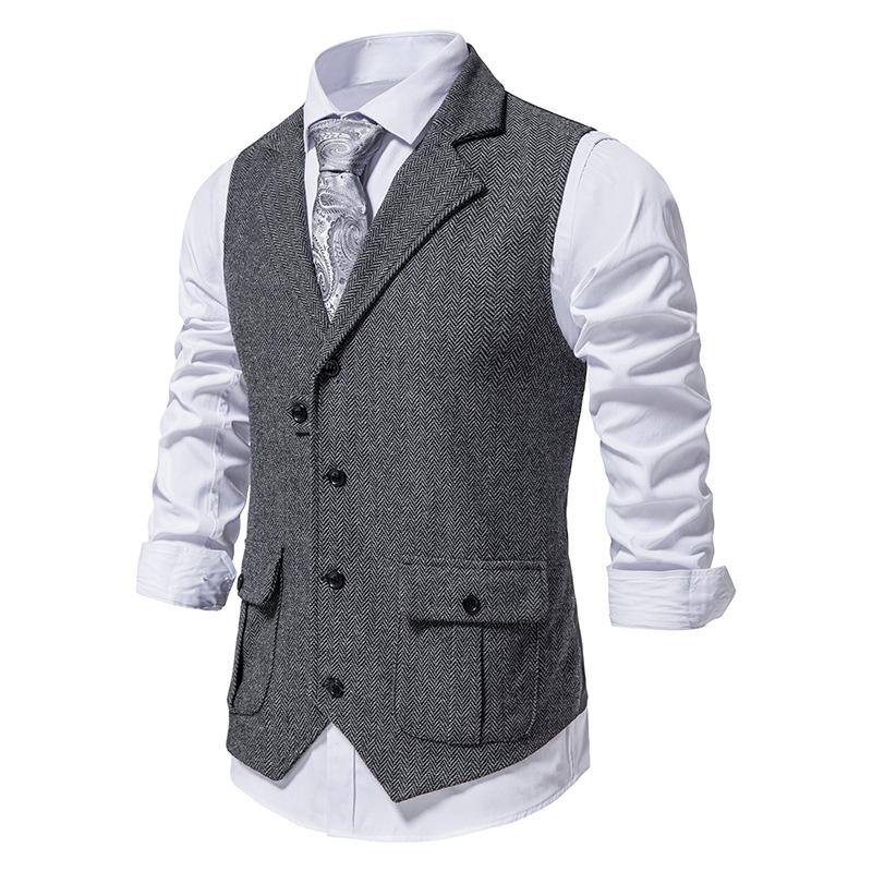 Mens Wool Mix Herringbone Tweed Check Vintage Collar Waistcoat Tailored Fit Vest