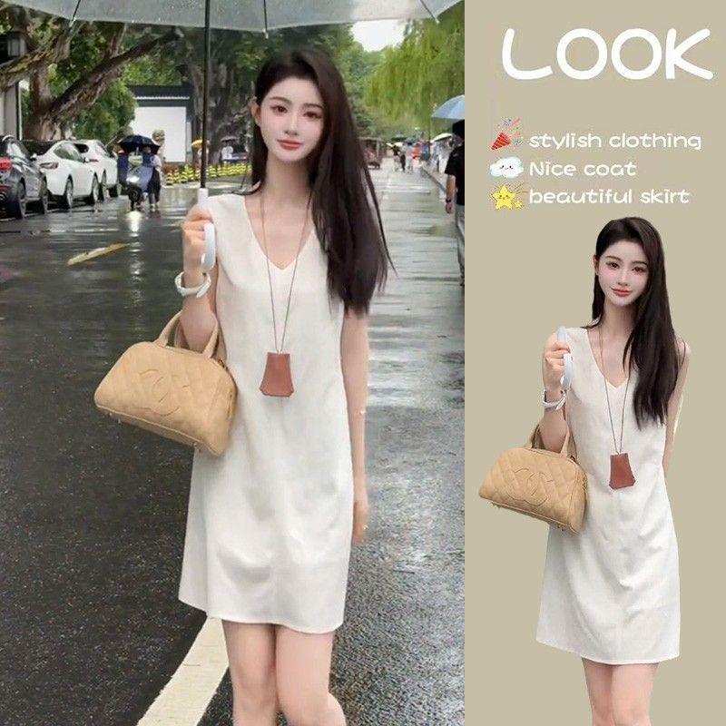 

Women s Summer Sleeveless V-Neck Slimming Dress - Solid Color, Loose Fit, Short Skirt 2XL