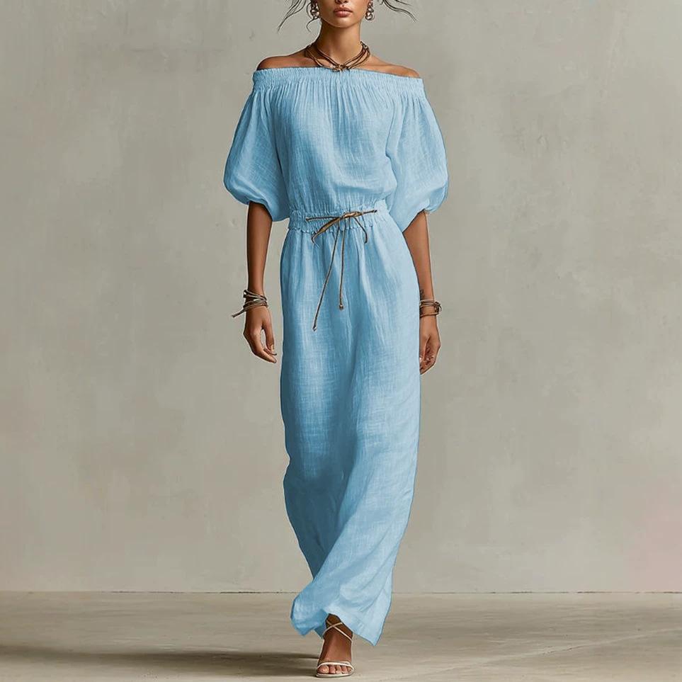 Amazon European and American Cross-border Summer New Elegant Casual Solid Color Medium Sleeve One-word Collar Women's Dress