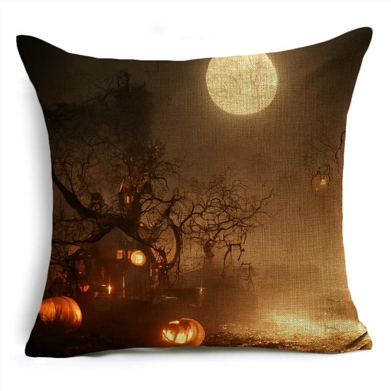 Fashion Halloween Scary Night Moon Pumpkin Lantern Linen Throw Pillowcase Decorative Cushion Cover For Sofa Living Room Party