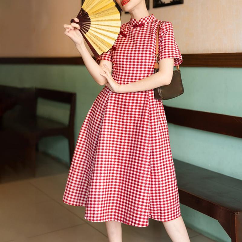 

ZANZEA Женское повседневное платье с воротником-стойкой, летнее, с коротким рукавом, в клетку L красный