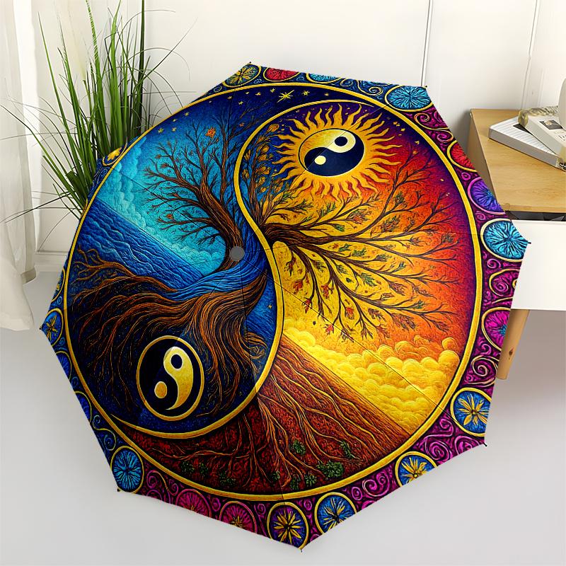 Yin Yang Tree of Life Wall Art DecorUmbrella, Portable 3-Fold Compact Umbrella for Men & Women Gift