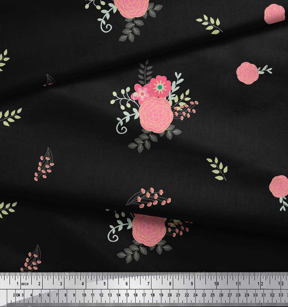 Soimoi Japan Crepe Satin Fabric Leaves,Aster & Camellia Flower Printed Craft Fabric by the Metre 42 Inch