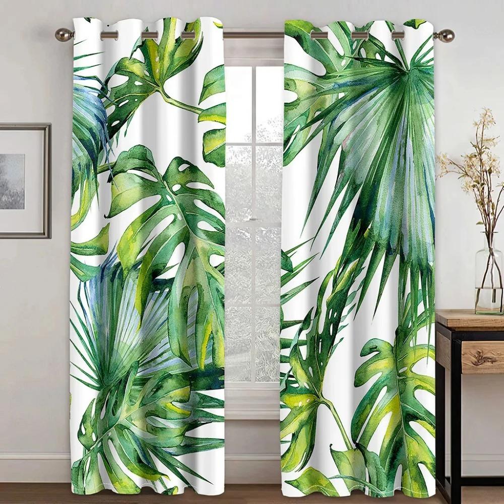 Custom European Elegant Green Leaves Curtains Luxury Curtains Tropical Leaves Pattern Window Curtains for Bedroom Living Room
