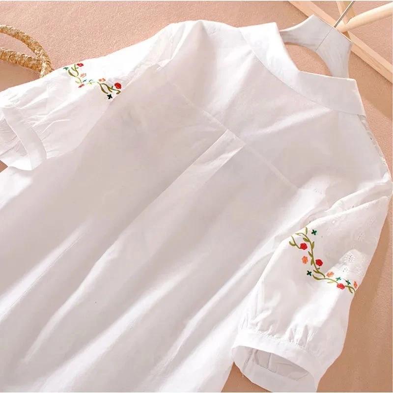Women's Summer Loose Embroidered Shirt Literary Ethnic Style Middle Sleeve Tops
