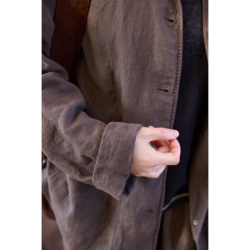 Spring Summer Retro Women's Tea Brown Linen Plus Size Slimming Loose Lapel Shirt Outerwear