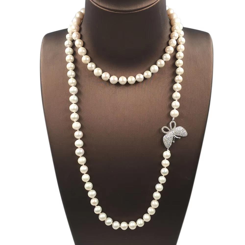 AA-grade 90 Cm Long Freshwater Pearl Necklace 7-8 Mm Round Sweater Pearl with Butterfly Accessories Good Quality Nature Necklace