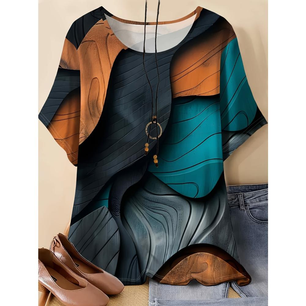 

Women s Oversized Short-Sleeve Round Neck Blouse - Loose Fit Full-Body Abstract Art Print, Casual Summer Suitable for Beachwear, Office to Outfits S