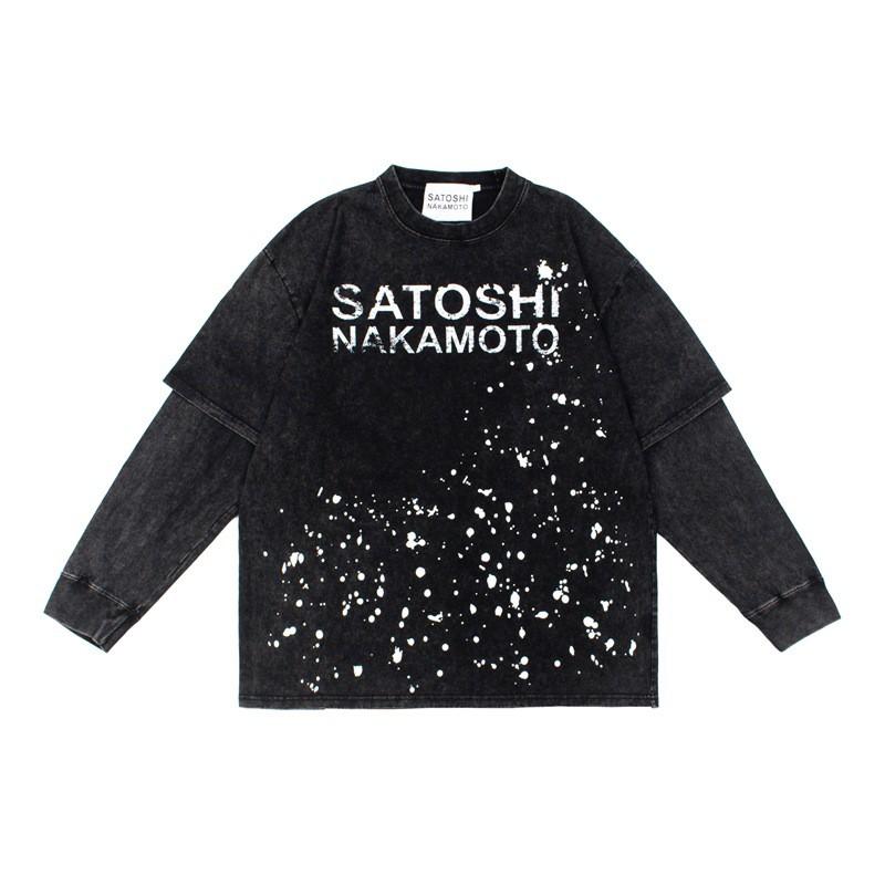 American High Street Oversize Long Sleeve T-Shirt Splash Ink Print Mock Two-Piece Cotton Blend Fall 2025
