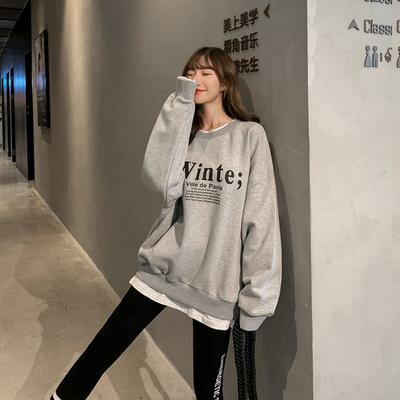 New Korean Style Loose Letters Versatile Fake Two-piece Plus Velvet Round Neck Sweatshirt Female Student Top Coat