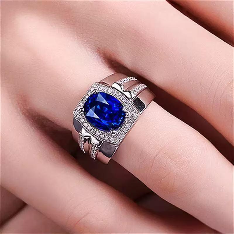 Men's Hot-Selling Blue Diamond Imitation Sapphire Ring In 18K Gold, Adjustable.