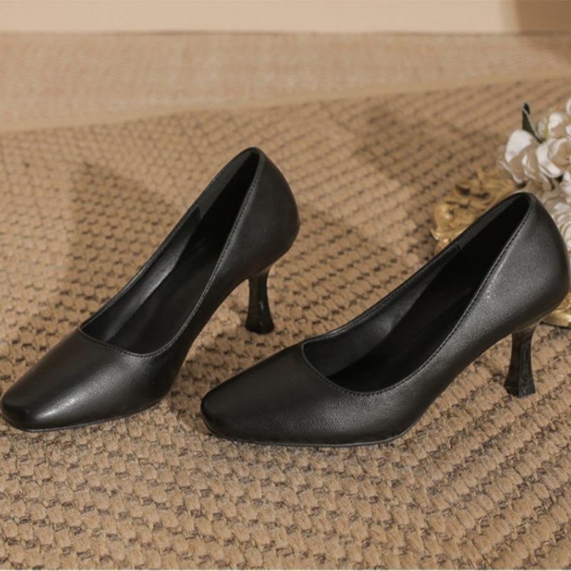 French High Heels Elegant Soft Leather Shoes Thin Heels That Don't Tire Your Feet Single Shoes with Shallow Square Toes All-match Commuter Shoes