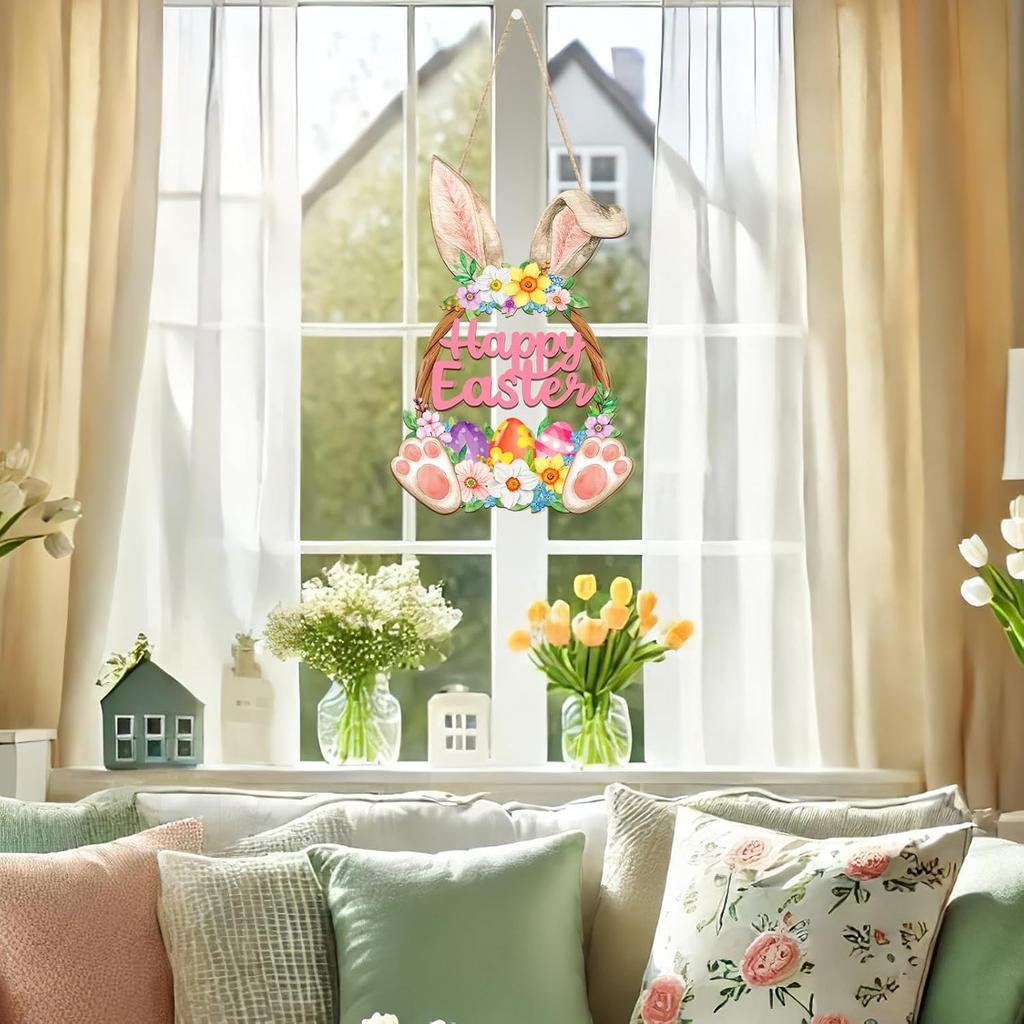 Wooden Easter Decoration Door Wreath for Front Door Sign Wall Signs Rabbit Spring Decoration, Hollow Bunny Sign Flower Egg Welcome Hanging for Home