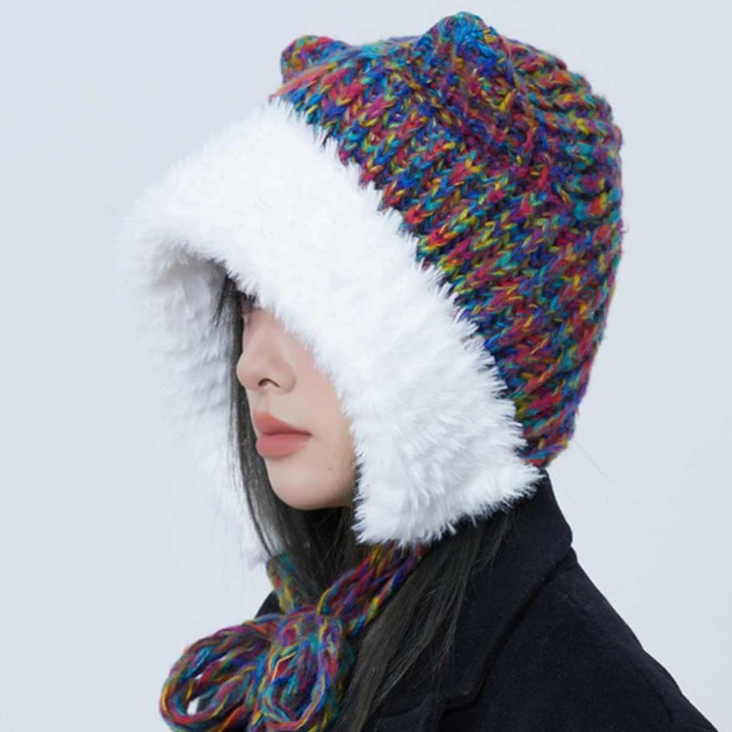 Cute Plush Knitted Hat with Cat Ears Big Head Circumference  Face Showing Small Colorful Thick Woolen Contrasting Color Ear Protection Hat