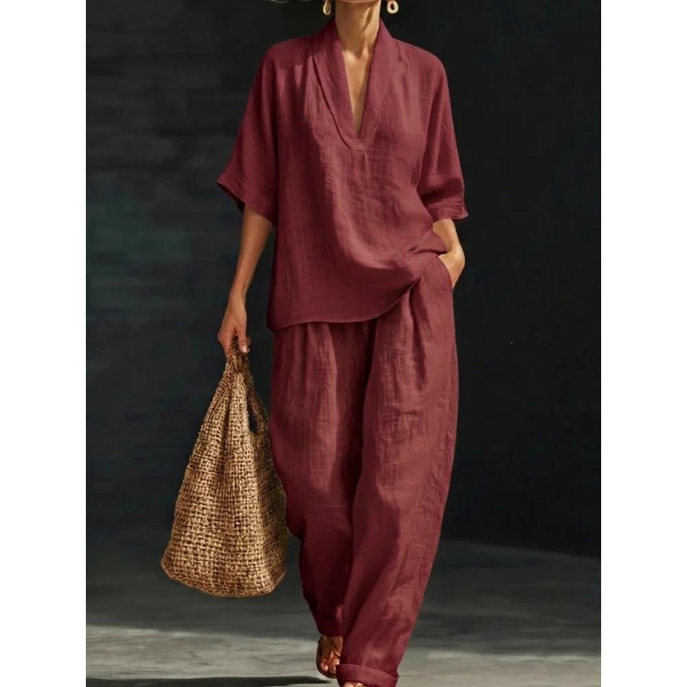 Women's V Neck Three Quarter Sleeve Loose Fit Solid Color Linen Blend 2 Piece Outfit High Waist Wide Leg Pants Casual Summer Loungewear Set