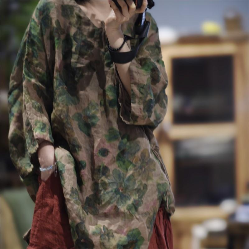 Johnature Women Vintage Print Floral Shirts Tops V-Neck Long Sleeve Blouses Autumn Chinese Style Button Shirt