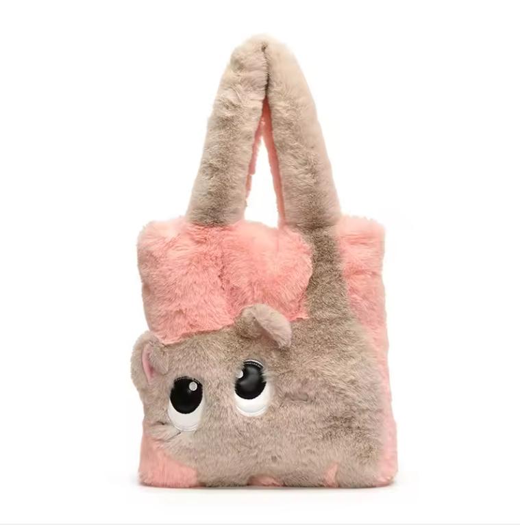 Creative Cartoon Cat Women's Plush Bag Large Capacity Embroidery Tote Bag Simple Fashion Soft Shoulder Bag for Autumn Winter