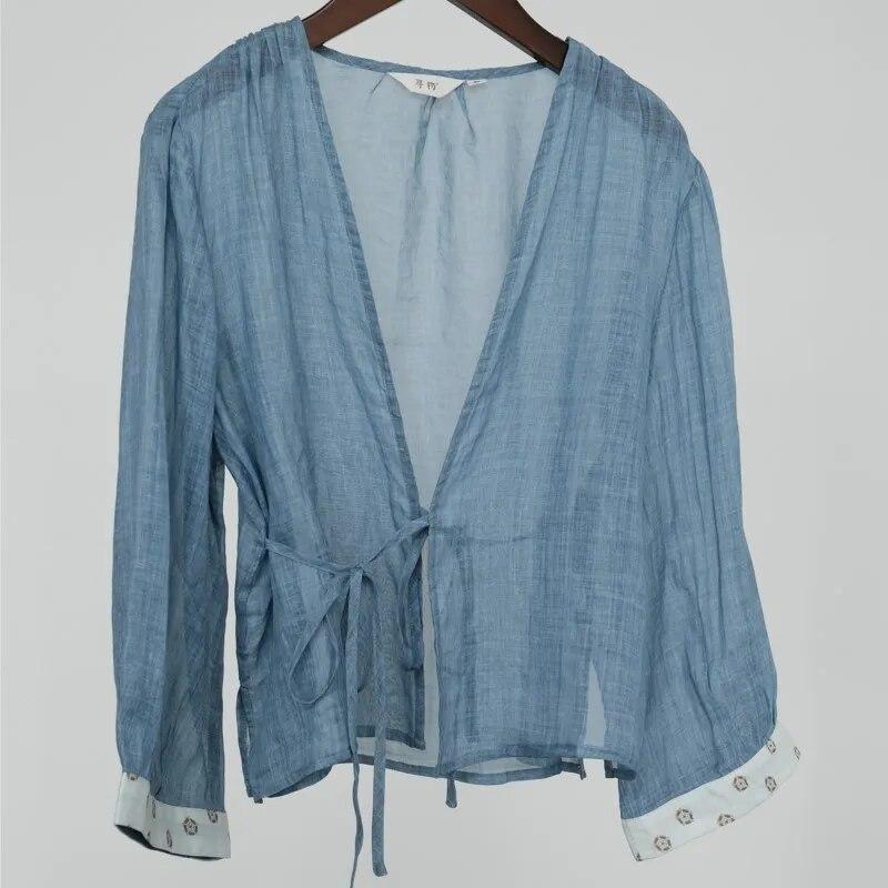 

Johnature женские однотонные рубашки Ramie, топы с v-образным вырезом и длинными рукавами, летние блузки, повседневные лоскутные рубашки L светло-синий