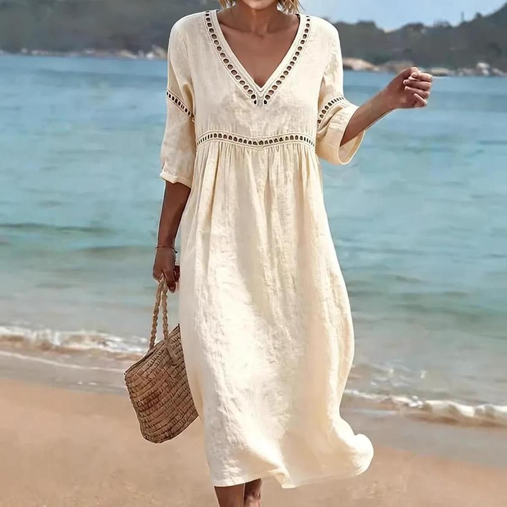Spring/Summer New Style Elegant Casual V-Neck Solid Color Women's Dress