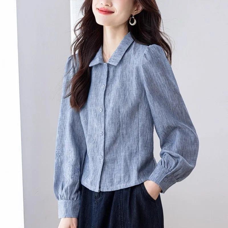 

Women s Blue Striped Cropped Shirt Puff Sleeve Button-Up Casual Blouse L синій
