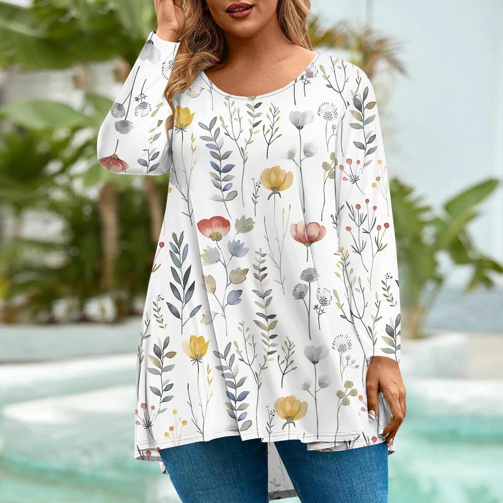 Women's Fashion Large Size Round Neck Long Sleeve Casual Print Loose Pullover Top