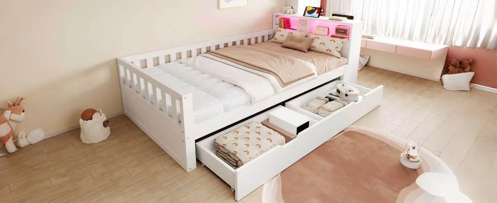 Multifunctional Wooden Bed 90 × 200 Cm, With Drawers, Shelf and Storage, Equipped With Socket and LED Lighting, Safety Rail, Single Bed, White