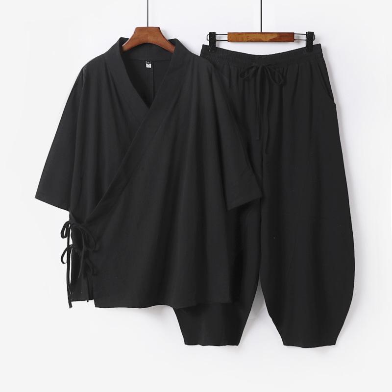 Plus Size S-9XL Men Japanese Kimono Cardigan Pants Set Cotton Linen Samurai Costume Harajuku Loose Jacket Suit