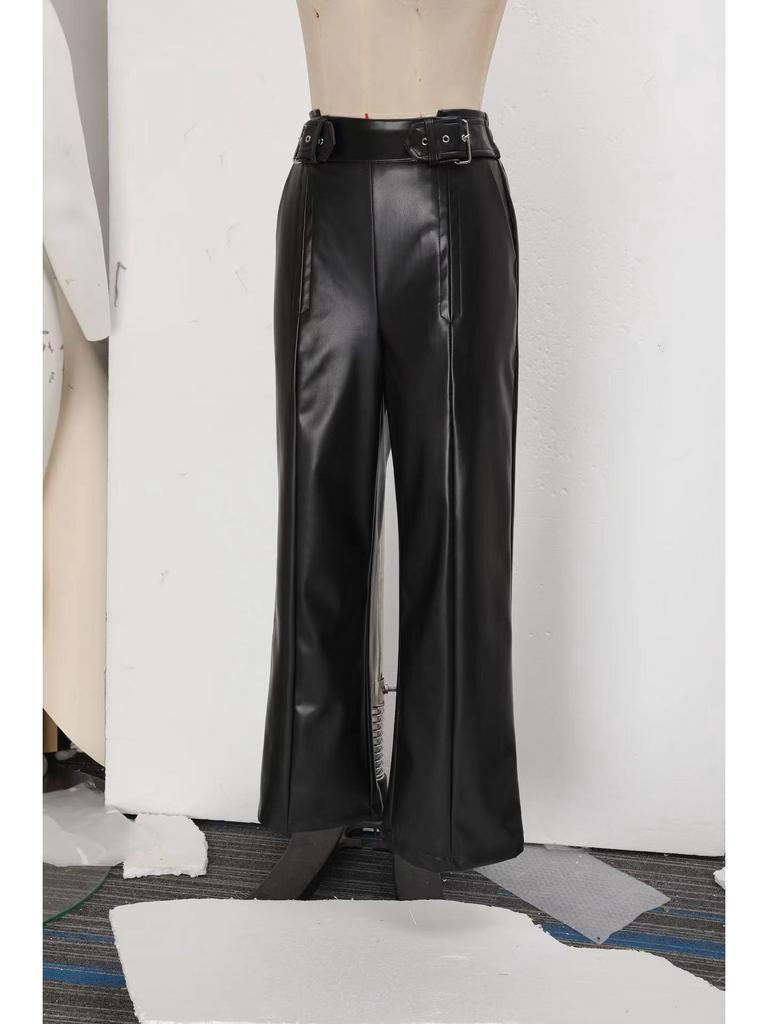 High Waist PU Leather Flare Pants with Waist-cinching & Pockets - 2025 Fashion