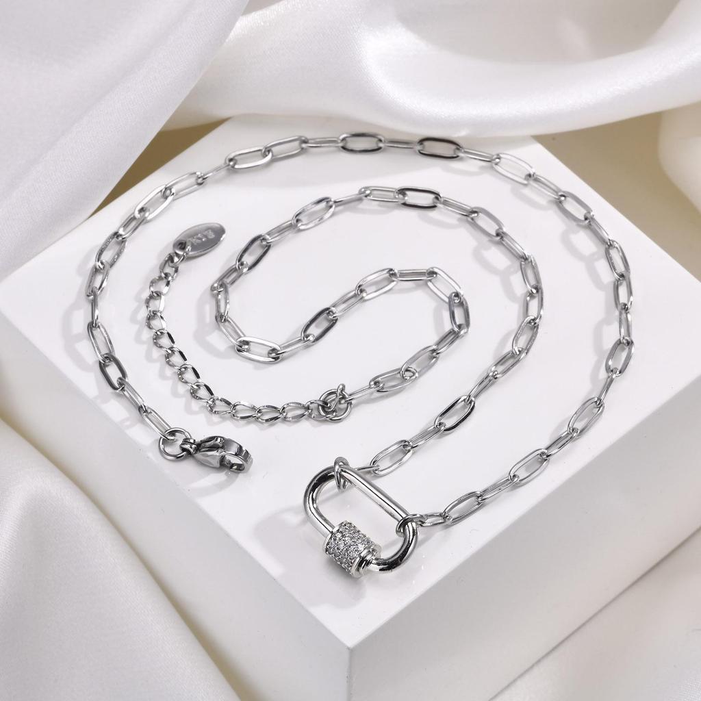 Women's Gold Clavicle Chain Necklace with Zirconia Oval Pendant and Stainless Steel Square Links