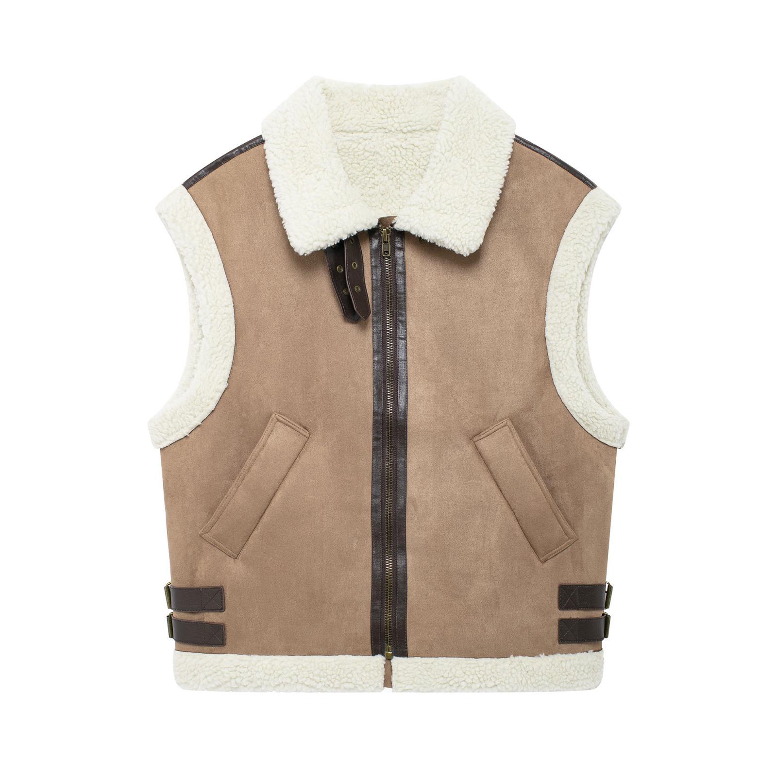 

GMXIA Женские винтажные повседневные однотонные принтованные осенне-зимние безрукавные куртки и пальто с воротником-поло L верблюд