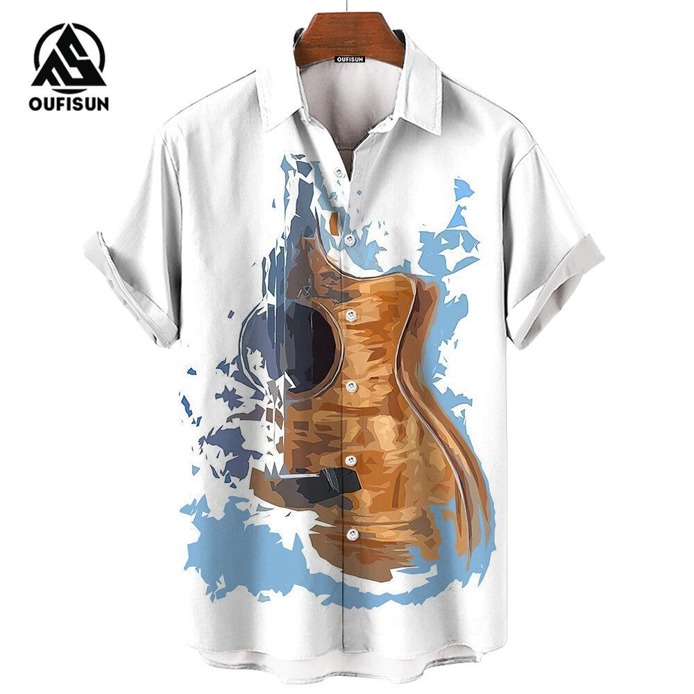 Men's Short Sleeve Shirts Piano Guitar Pattern Notes Printed Tops Summer Street Trend Men's Shirts Oversized Tops