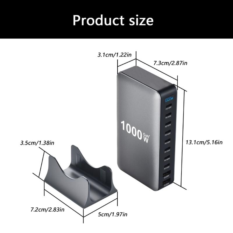 1000W Gans PD Fast Charger 10Port Fast Charging Station ABS Materials MultiDevice Power Adapter Durability Design
