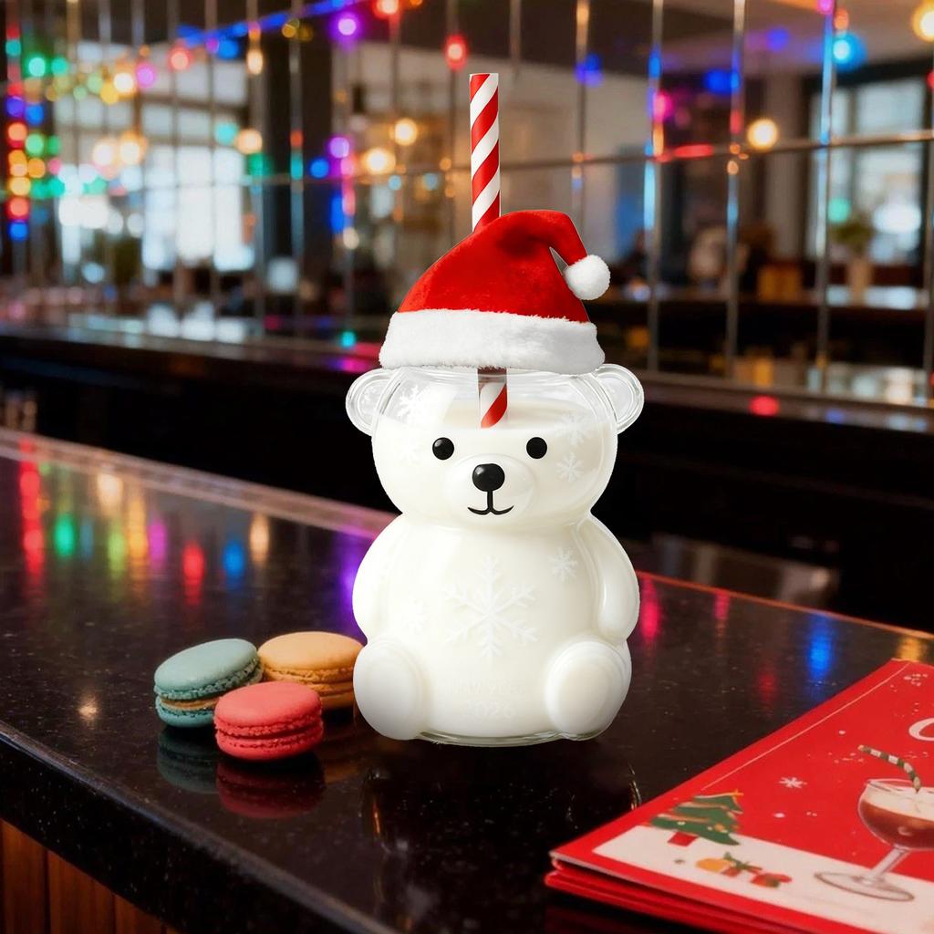 Kubek ze szklaną słomką w kształcie misia: Uroczy przezroczysty design, kubek na wodę z zielonym kapeluszem