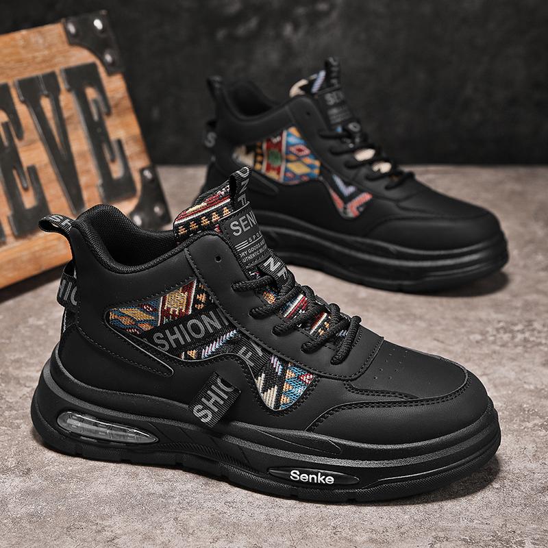

High Top Men s Shoes 2026 Leather Versatile Anti Slip Casual Board Air Cushion Height Increasing Sports Trendy 44 чорний