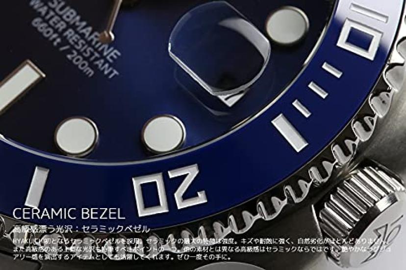 HYAKUICHI 101 Men's 20 ATM Water Resistant Dive Watch with Ceramic Bezel, Calendar, and Metal Band (Blue X Blue)