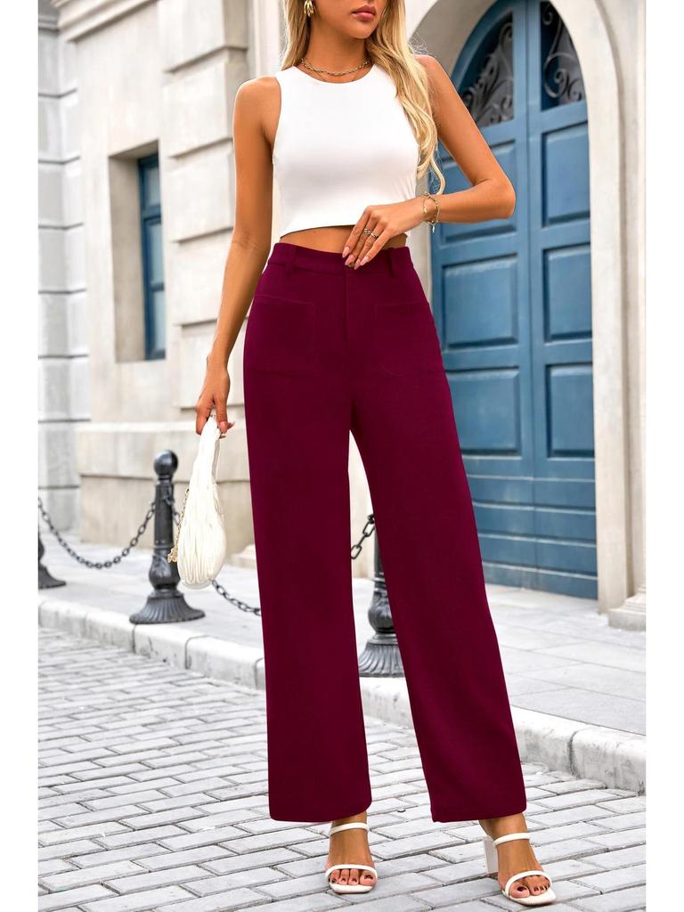 Women's High Waist Elastic Casual Pants with Button and Pockets