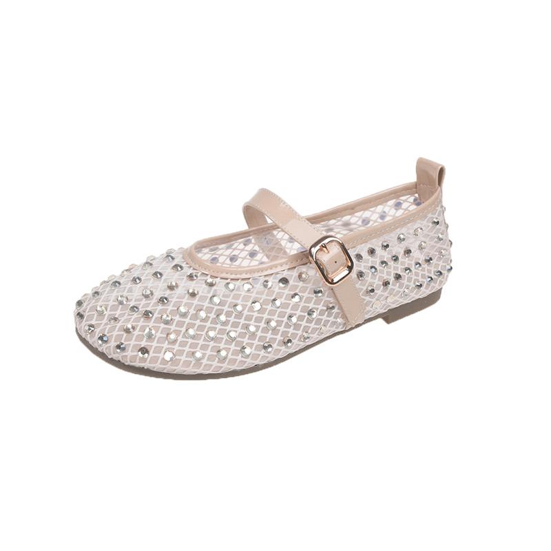 Fashion Luxury Crystal Covered Fishnet Mary Jane Shoes Woman Elegant Brand Design Rhinestone Mesh Ballet Flats Ladies  Bling Net Loafers