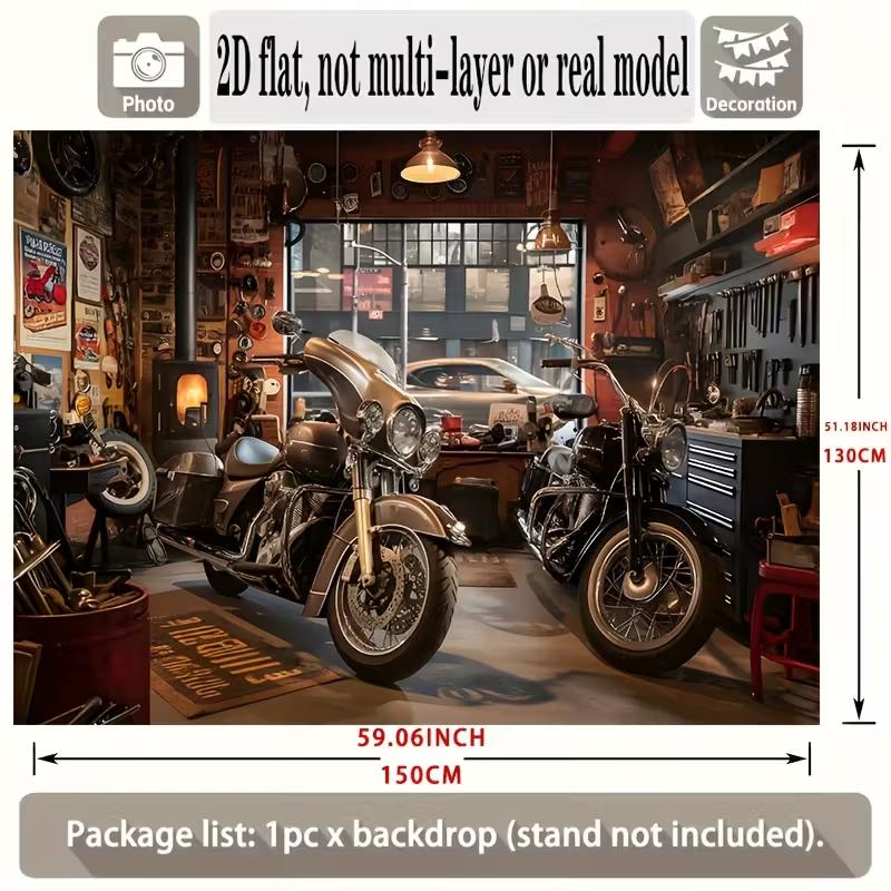 2D Vintage Motorrad Werkstatt Kulisse Banner - Biker Party Foto Hintergrund